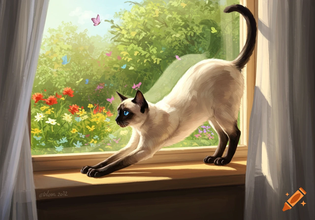 A Siamese cat stretches on a sunny windowsill, looking out at a vibrant garden with colorful flowers and butterflies.
