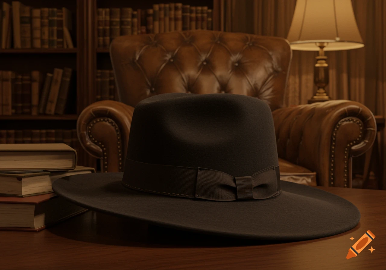 A dark fedora hat rests on a polished wooden table in a dimly lit, luxurious room. In the background are bookshelves, a brown leather armchair, and a table lamp, creating a classic study ambiance.