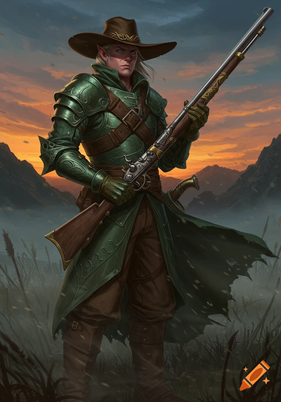 An elf gunslinger in green leather armor and a cowboy hat holds a musket in a misty field at sunset, fantasy art.