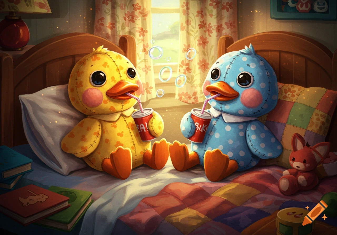 Two cute whimsical stuffed ducks, one yellow and one blue, sit on a bed in a sunny room, drinking from red cans with straws.