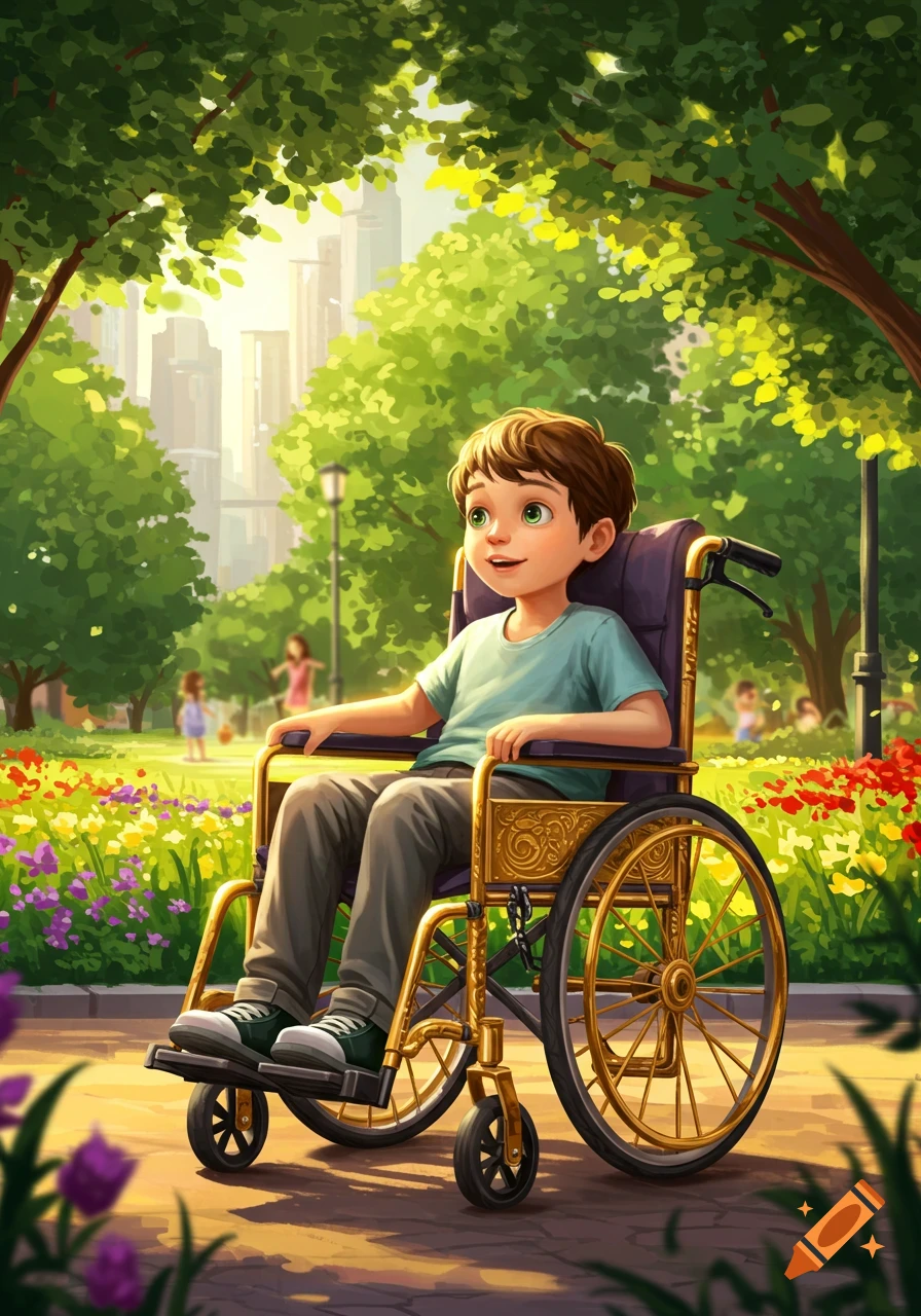 Smiling boy in golden wheelchair in vibrant park with green trees, colorful flowers, city skyline in background, cartoon style.