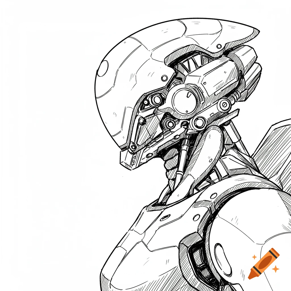 Detailed line drawing of a futuristic robot's head and upper torso, facing sideways.