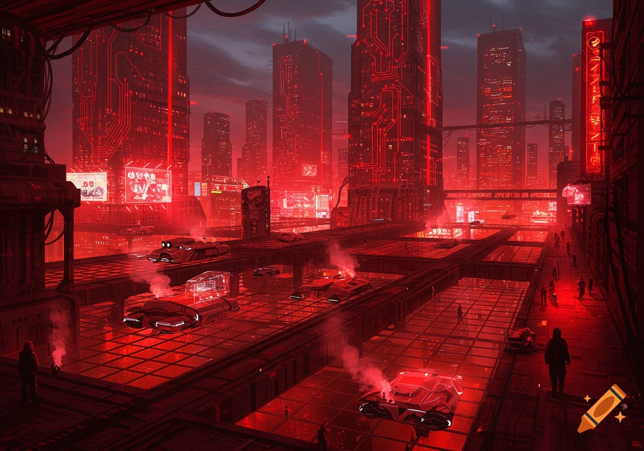 A vibrant, red-lit futuristic city at night, with towering skyscrapers, flying vehicles, and glowing pathways.