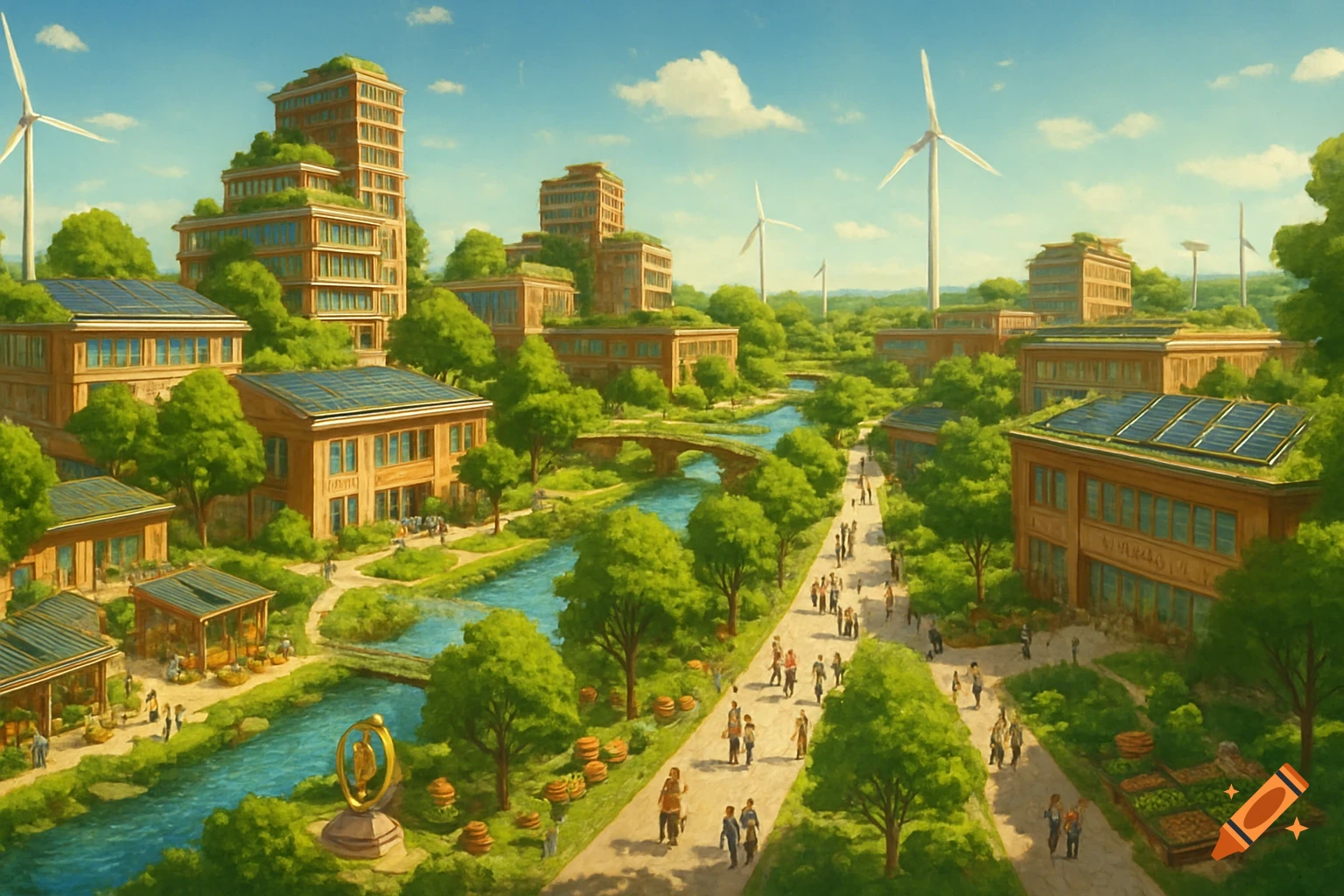 Aerial view of a vibrant eco-friendly city with green buildings, solar panels, winding rivers, walking paths, and wind turbines.