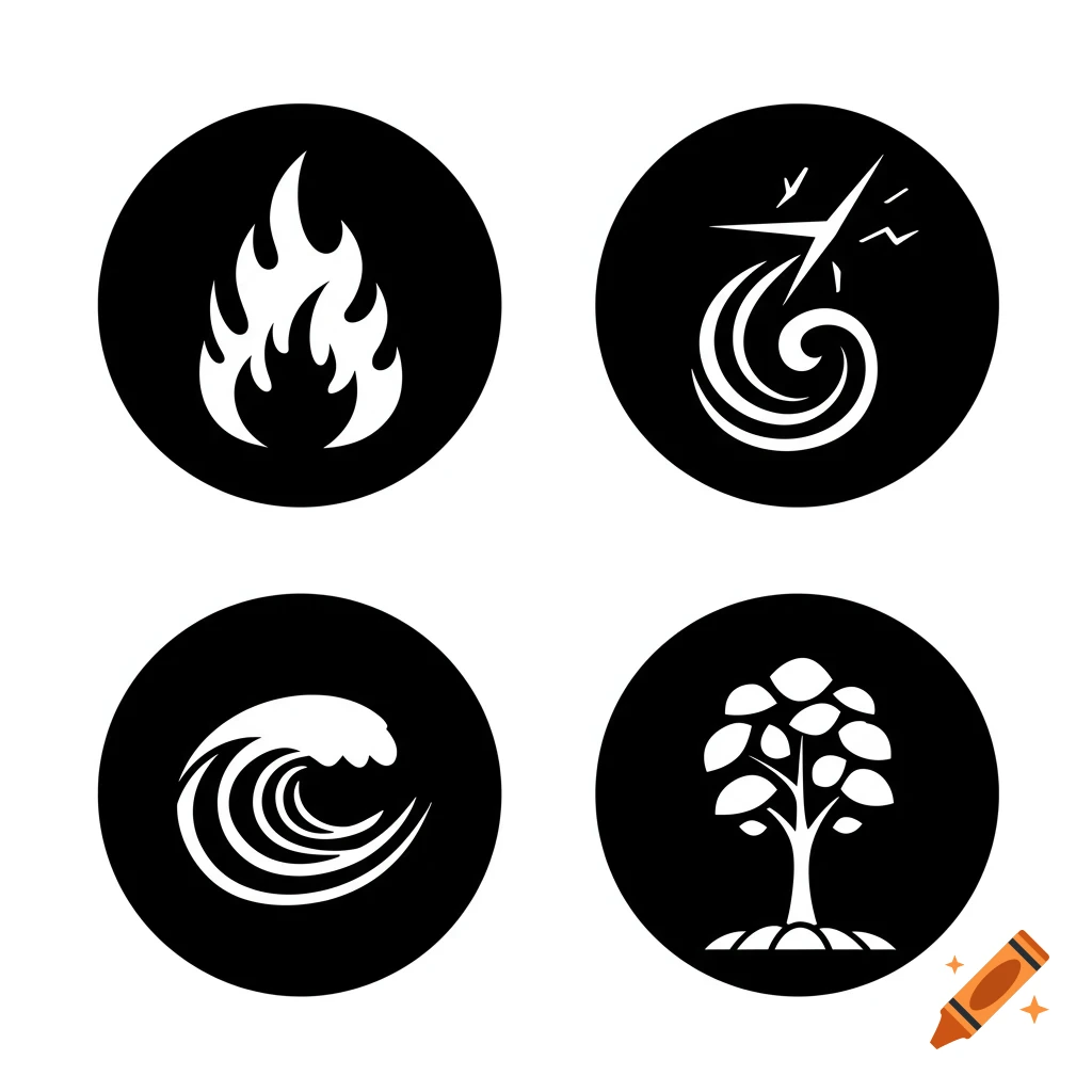 Four black circles, each containing a white symbol: a flame for fire, a swirl with lightning for air, a wave for water, and a tree for earth.