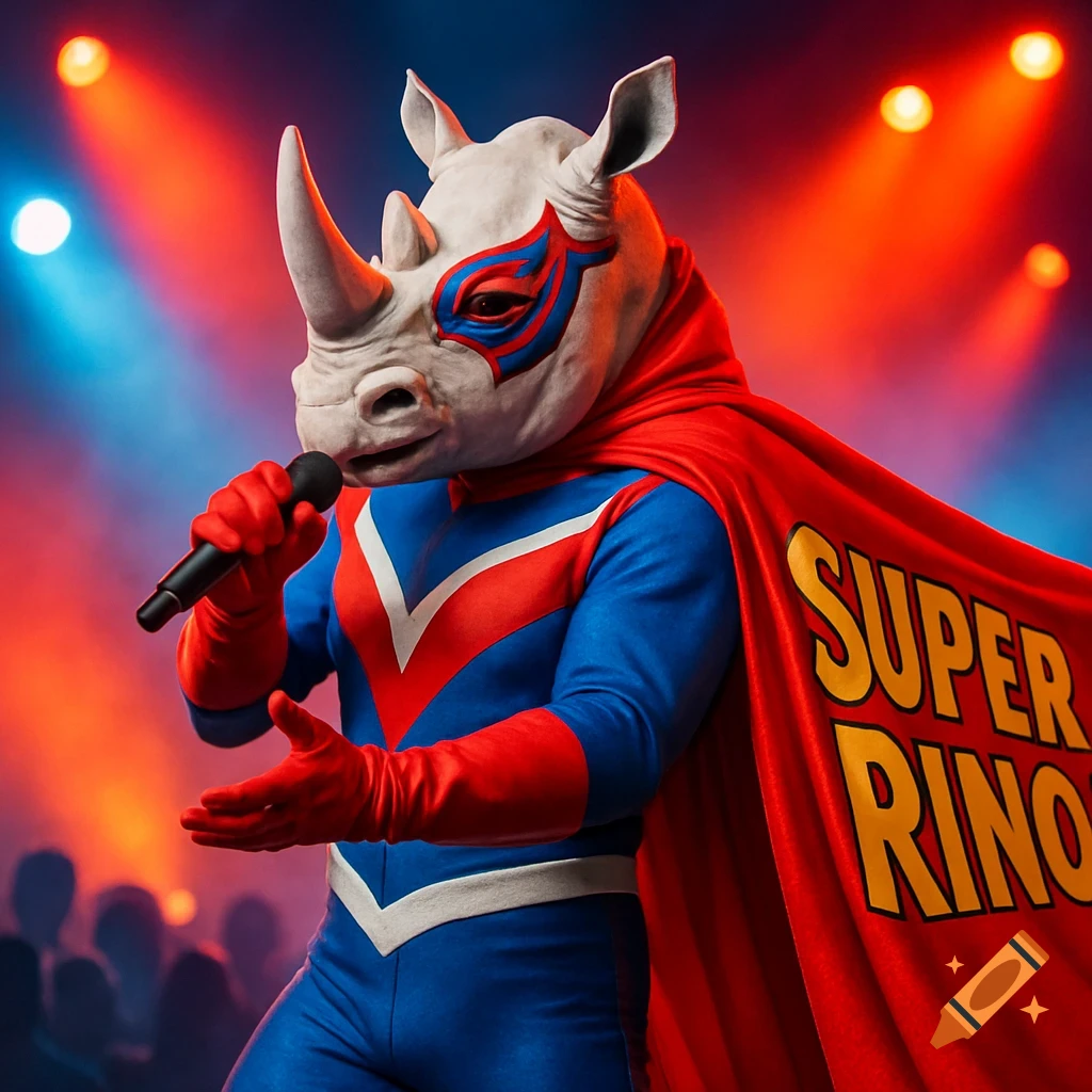 A superhero rhino mascot in a red and blue costume with a cape that says 'SUPER RINO' sings into a microphone on a stage.