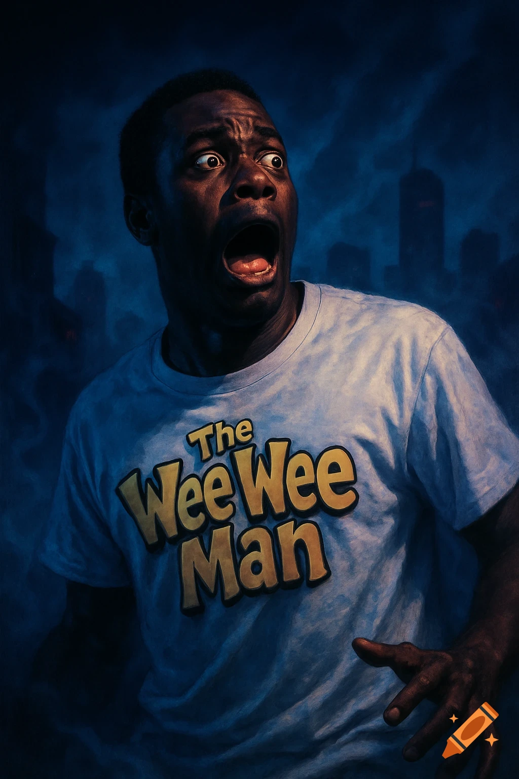 A horrified Black man in a white t-shirt that reads 'The Wee Wee Man' against a dark, moody cityscape.
