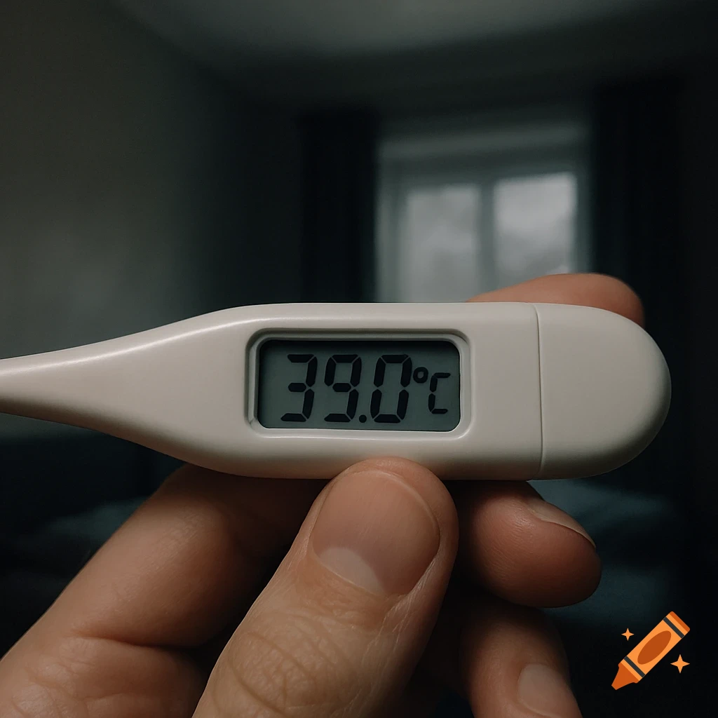 Close-up of a hand holding a digital thermometer displaying 39.00C, in a dim bedroom.