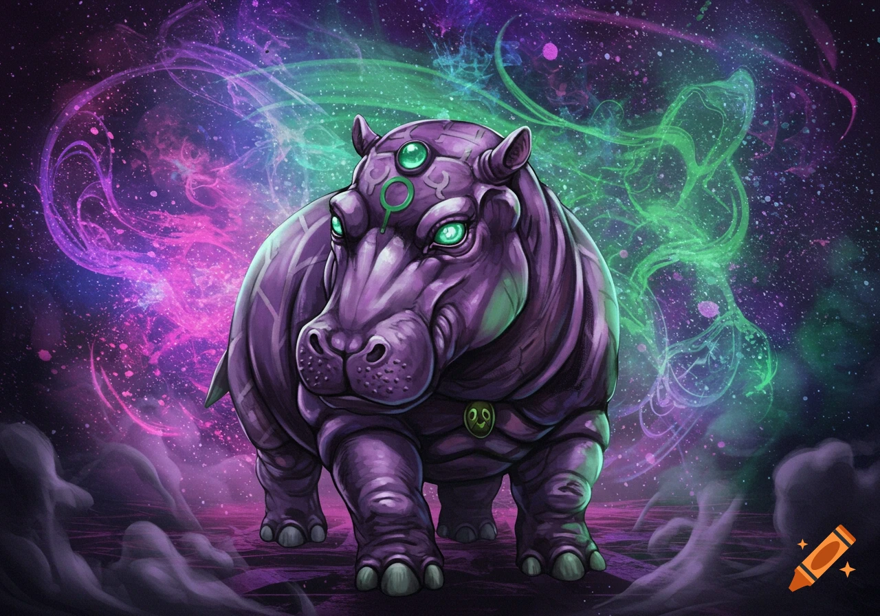 A vibrant purple hippo with glowing green eyes and mystical green symbols stands against a cosmic background of swirling pink and green nebulae.