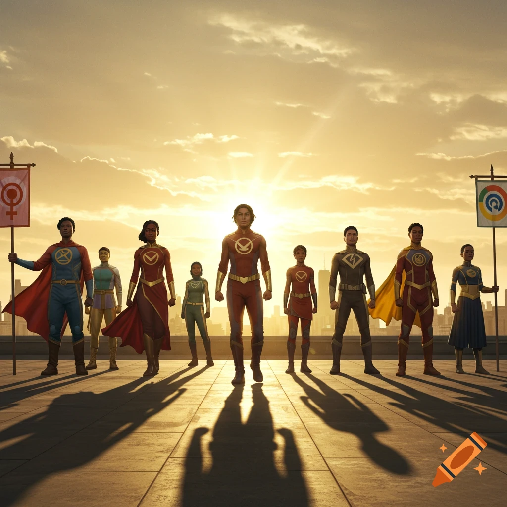 A diverse group of superheroes stands on a city rooftop at sunset, with flags bearing symbols of equality.