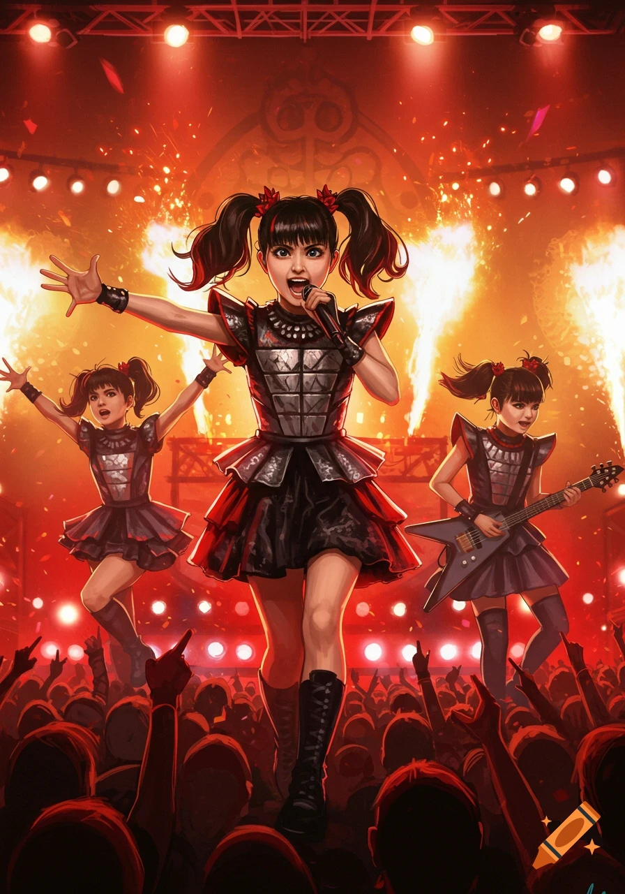 Anime-style illustration of three girls performing on a fiery stage to a cheering crowd, one singing into a mic and another playing guitar.