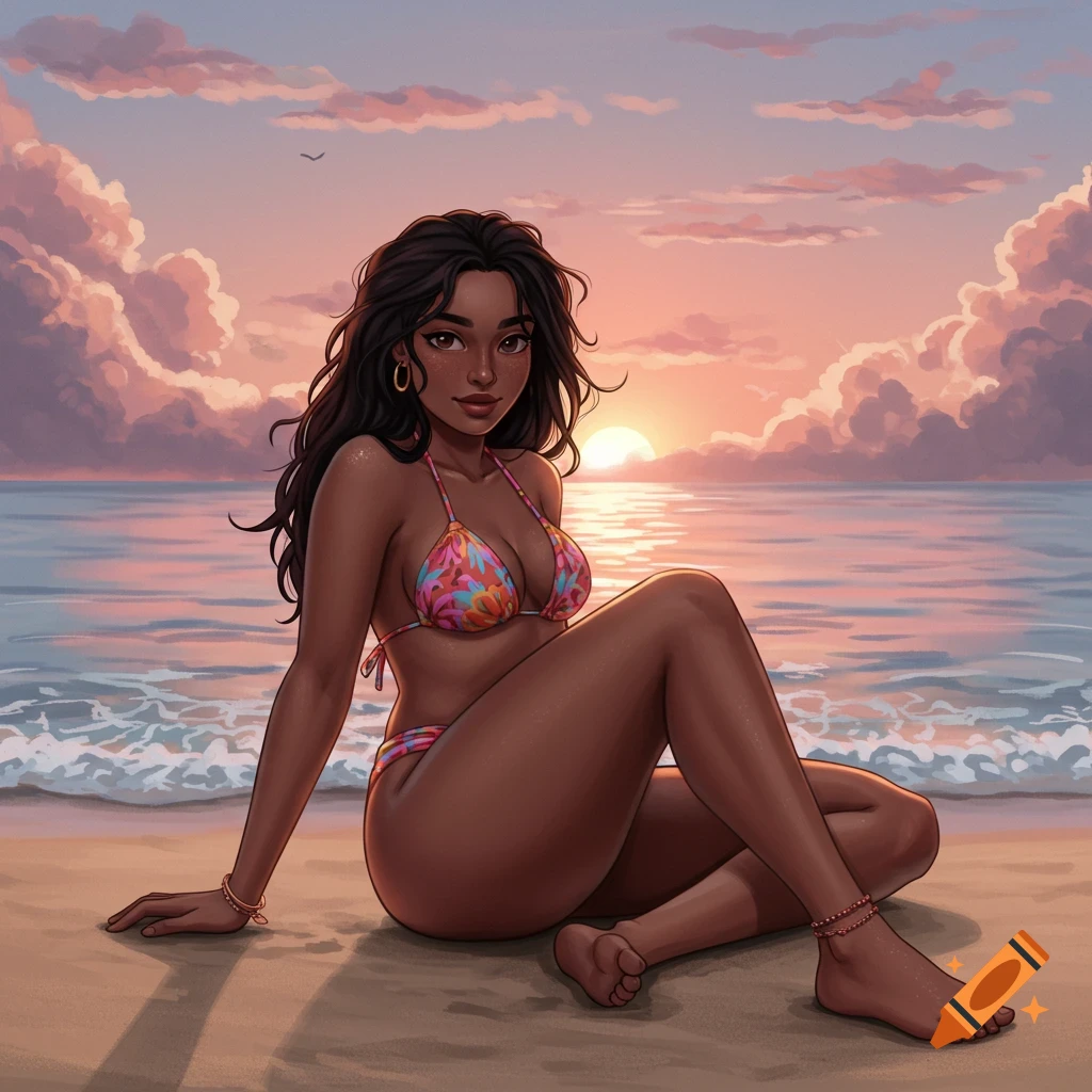 An illustrated woman with dark hair in a colorful bikini sits on a beach at sunset, looking towards the viewer.