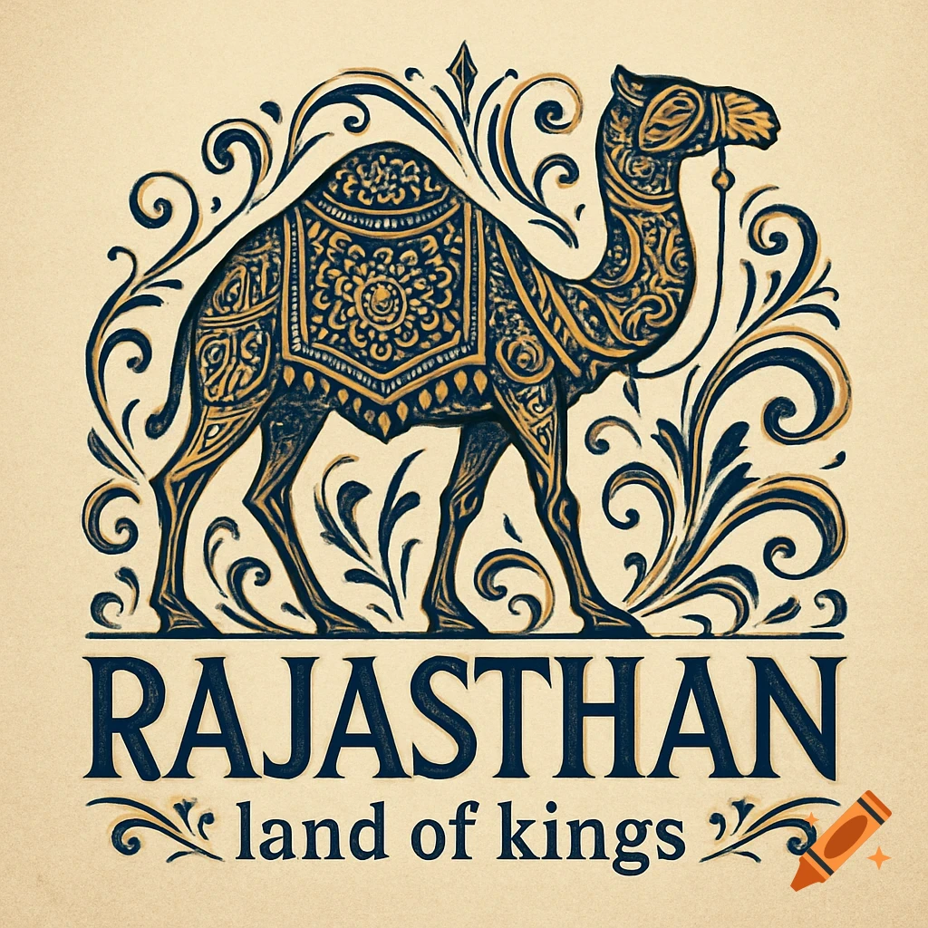 Art Deco ornamental hand-drawn logo featuring a stylized camel in navy and gold with the text 'RAJASTHAN land of kings'.