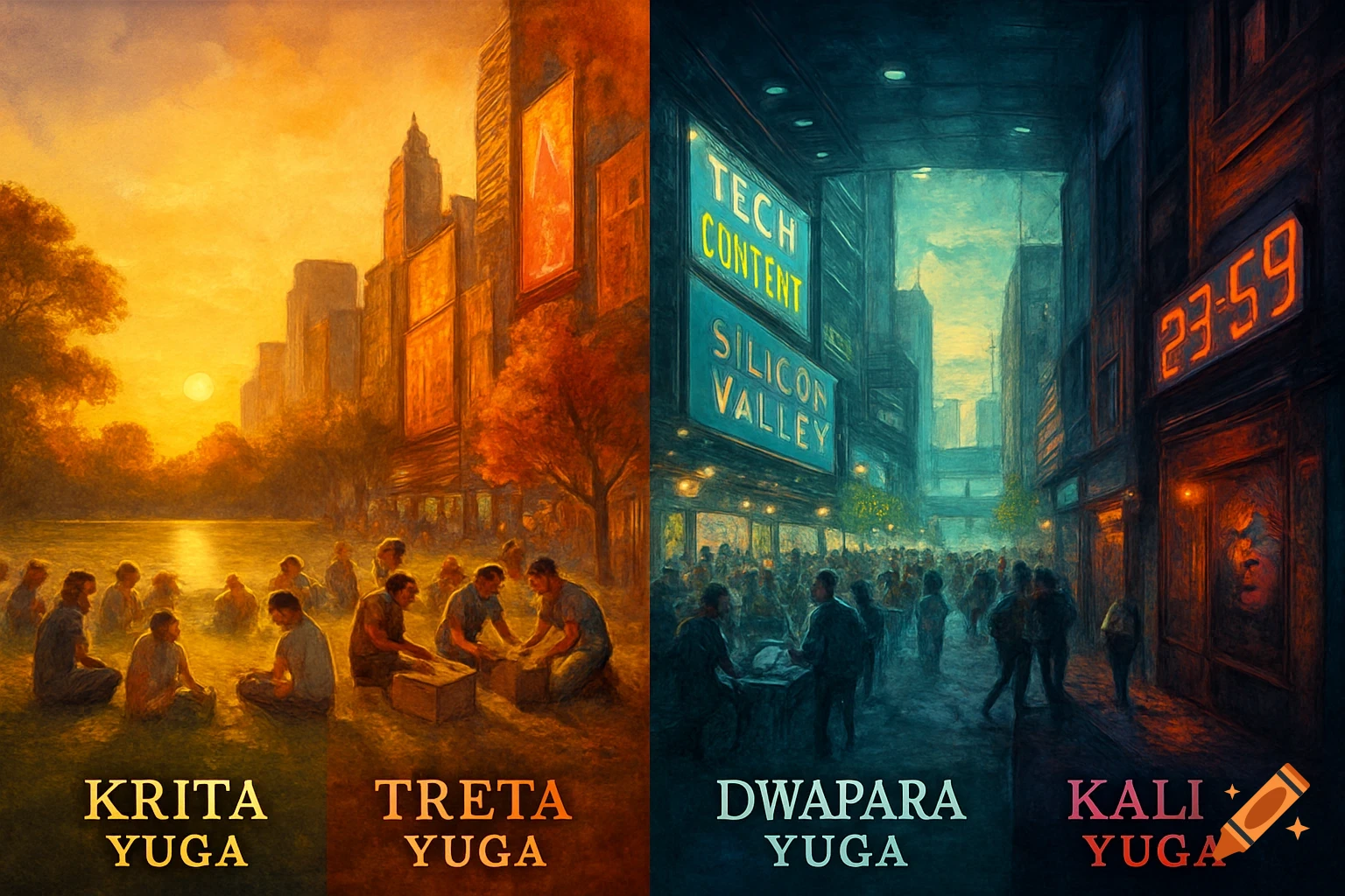 A four-panel painting contrasting ancient and modern scenes depicting the Hindu Yugas, from pastoral settings to bustling cityscapes with neon signs.
