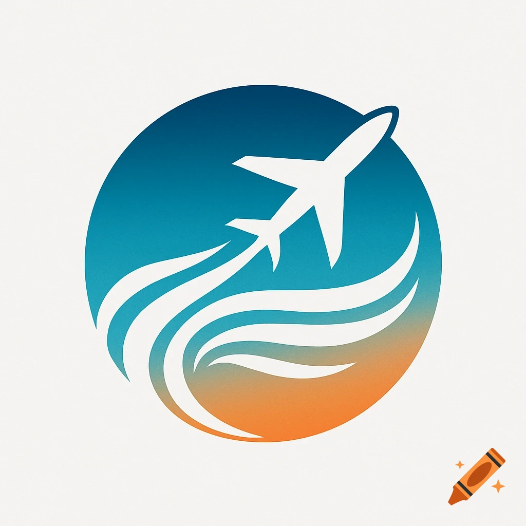 A stylized logo featuring a white airplane taking off over a circular blue and orange gradient, with white wave-like trails.