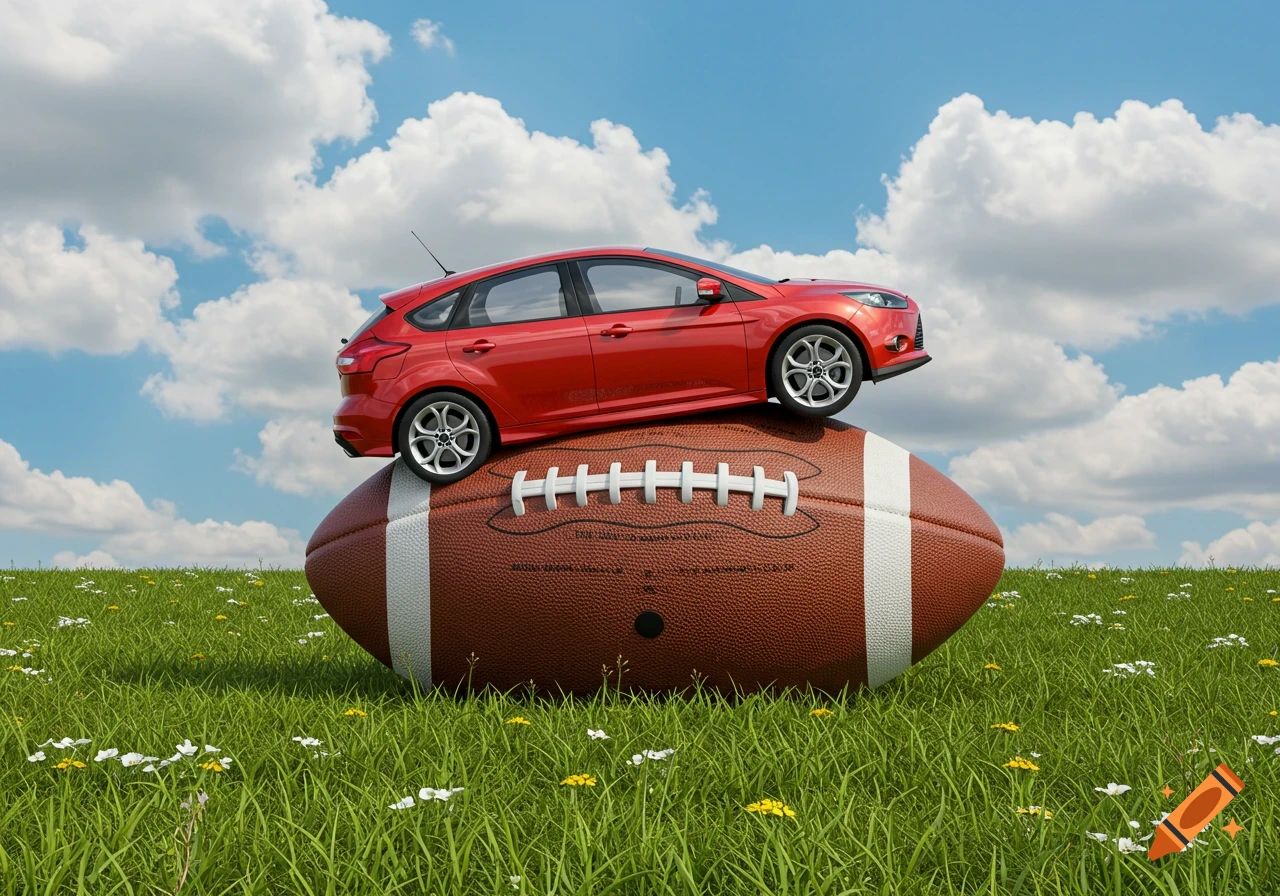 A bright red hatchback car precariously balances on a large brown football in a green grassy field under a blue sky.