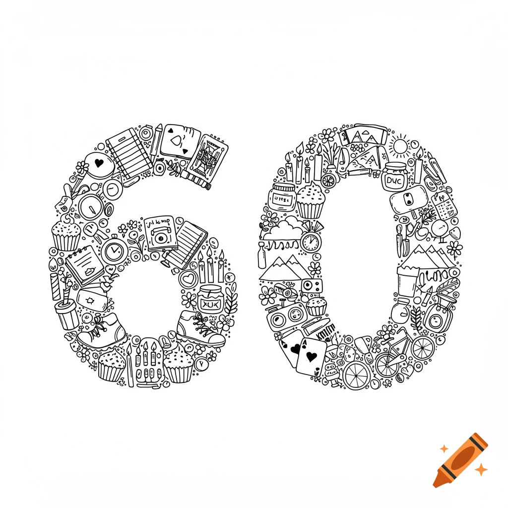 Black and white doodle art illustrating the number 60, composed of various small symbols like cupcakes, candles, books, and playing cards.