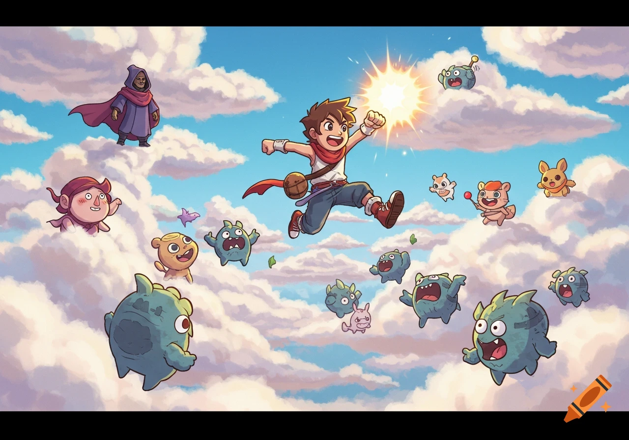 A cartoon boy jumps through a sky filled with clouds, small fantastical creatures, and a cloaked figure.