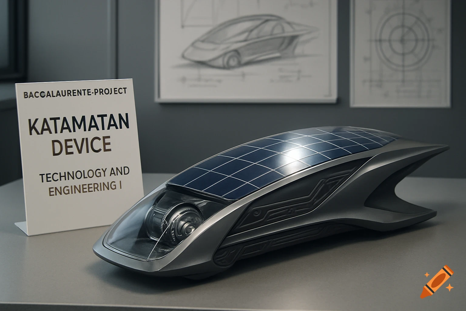 A sleek, futuristic solar-powered concept vehicle displayed on a table with a project sign and technical drawings in the background.