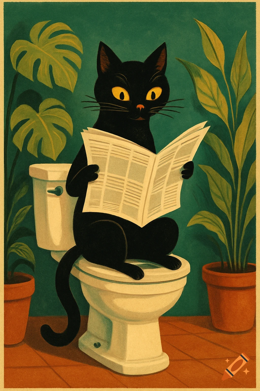 Retro illustration of a black cat sitting on a toilet reading a newspaper, surrounded by tropical plants.