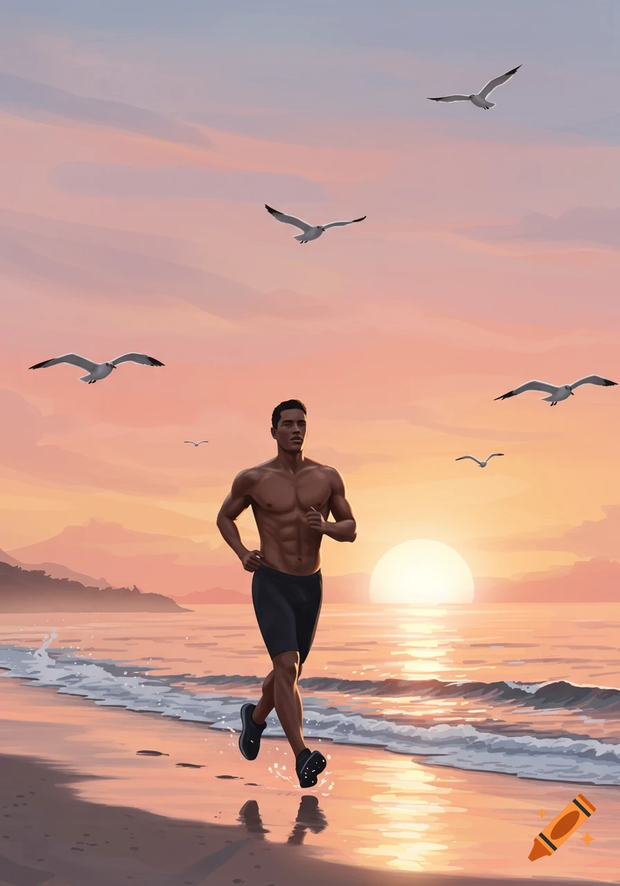 Muscular man runs shirtless on a beach at sunset, with seagulls flying above the ocean waves. Illustration.