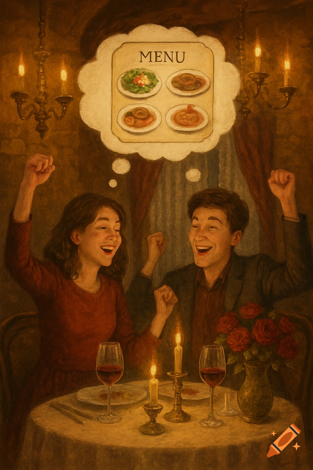 A smiling couple at a candlelit restaurant table with wine glasses raise their fists excitedly, dreaming of a menu with various dishes. Painterly style.