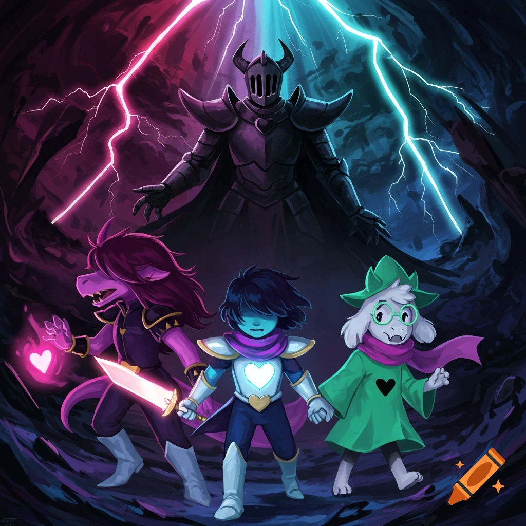 Deltarune's Kris, Susie, and Ralsei face the dark Roaring Knight as pink and blue lightning strikes in a cavern, animated style.