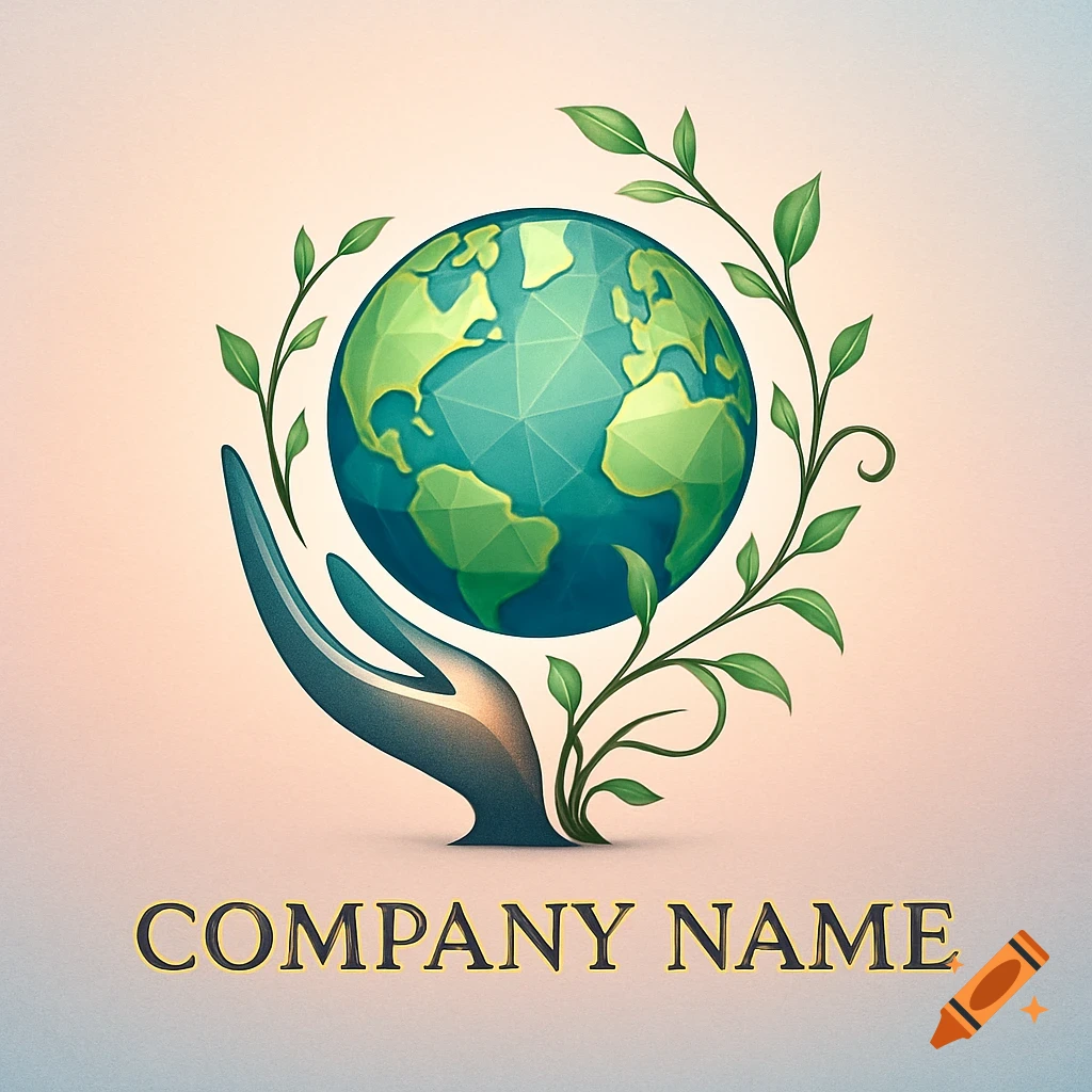 A stylized logo featuring a human hand cradling a polygonal green and blue globe, encircled by green leaves, with 'COMPANY NAME' below.