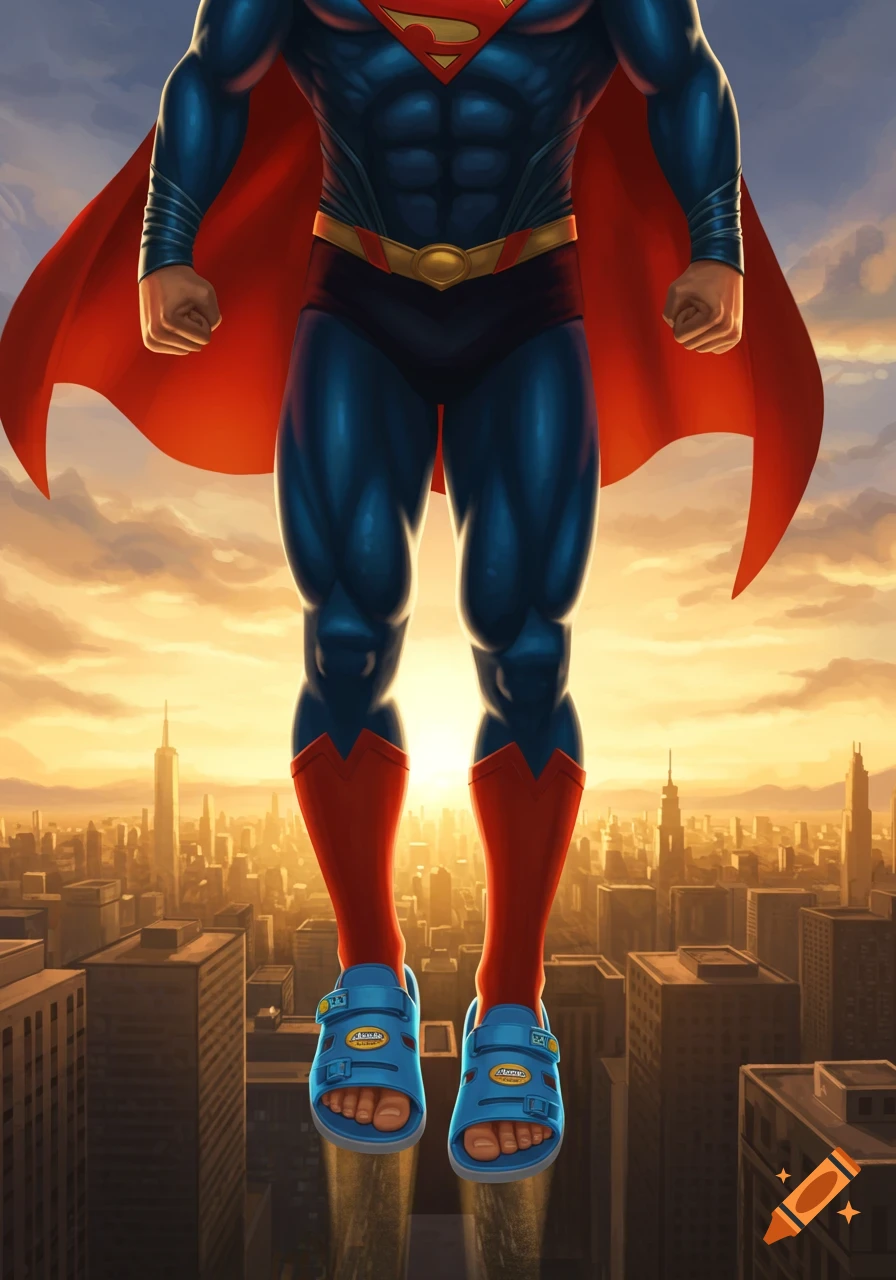 Superman flies high above a sunlit city skyline, wearing his classic suit with a red cape and blue sandals.