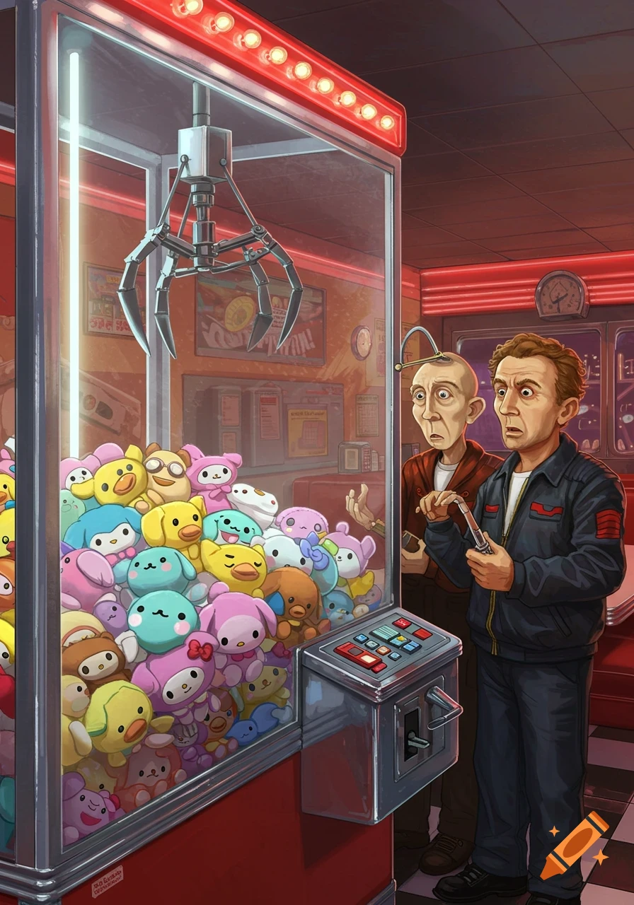 Rimmer and Lister from Red Dwarf look at a claw machine filled with colorful Sanrio-style plushies in a 1950s diner.