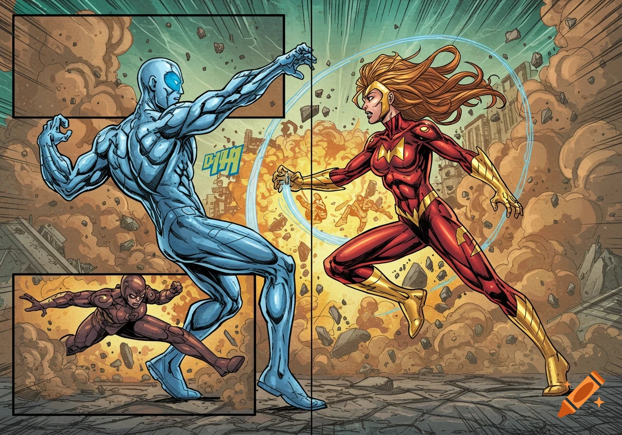 Comic book art of a silver-skinned male superhero and a red and gold-suited female superheroine fighting in an explosive battle.