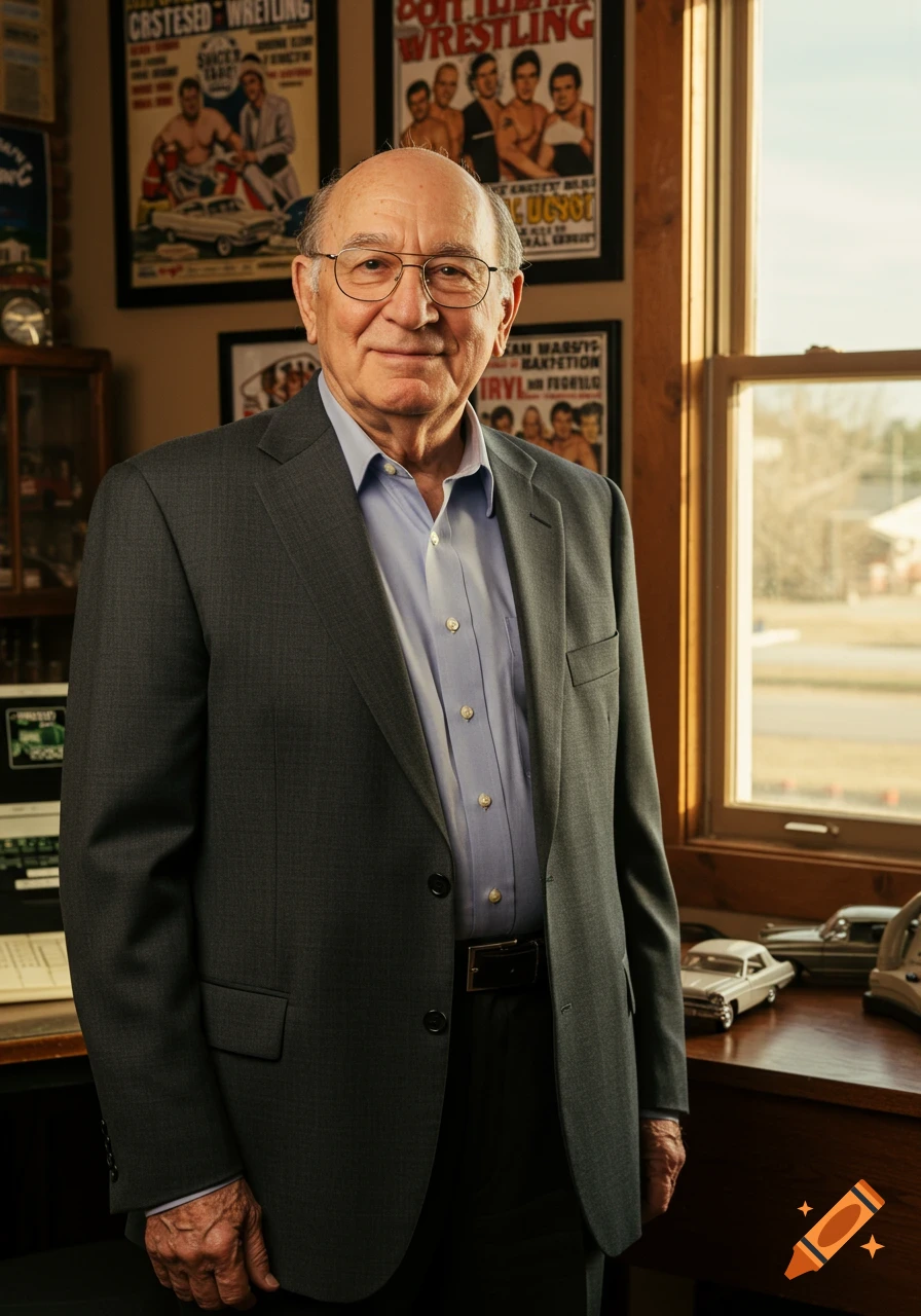 Photorealistic portrait of an older man in a grey suit, smiling in an office with vintage wrestling posters and model cars.