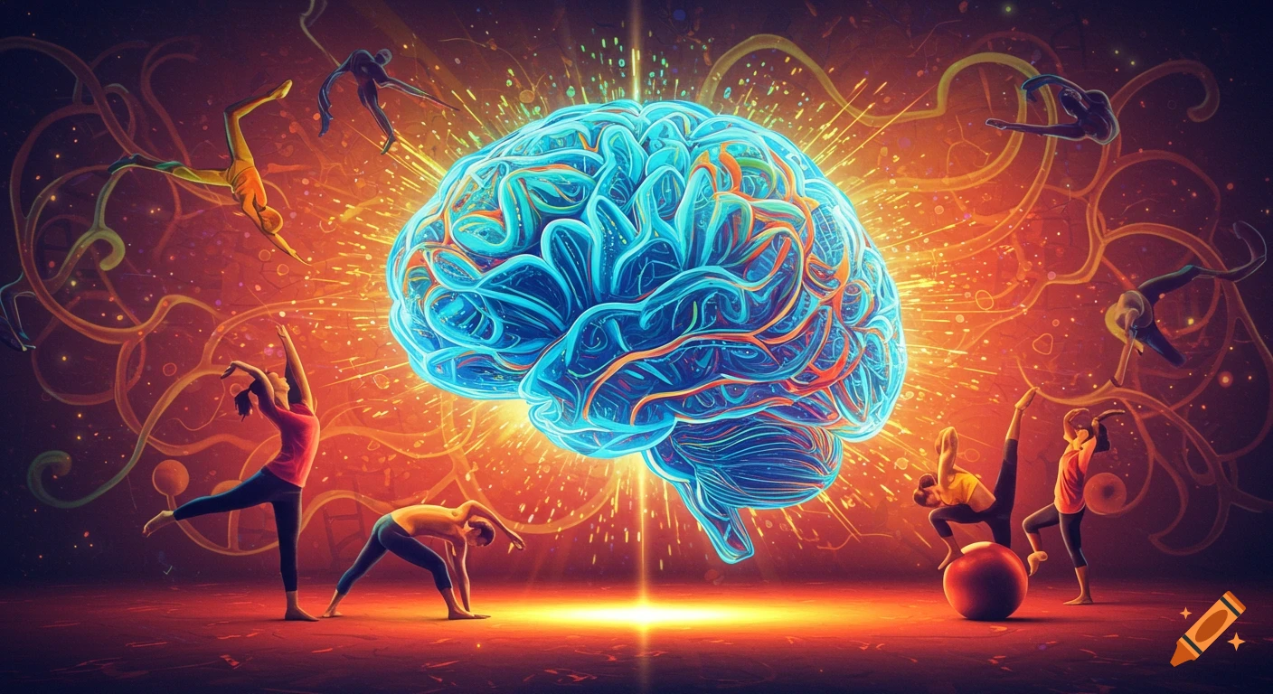 A vibrant blue brain glows at the center, surrounded by diverse figures in dynamic yoga and dance poses on a dark, sparkling background.