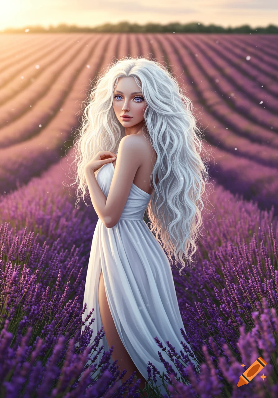 A beautiful woman with long white hair and lavender eyes stands in a field of purple lavender flowers at sunset in a digital art style.
