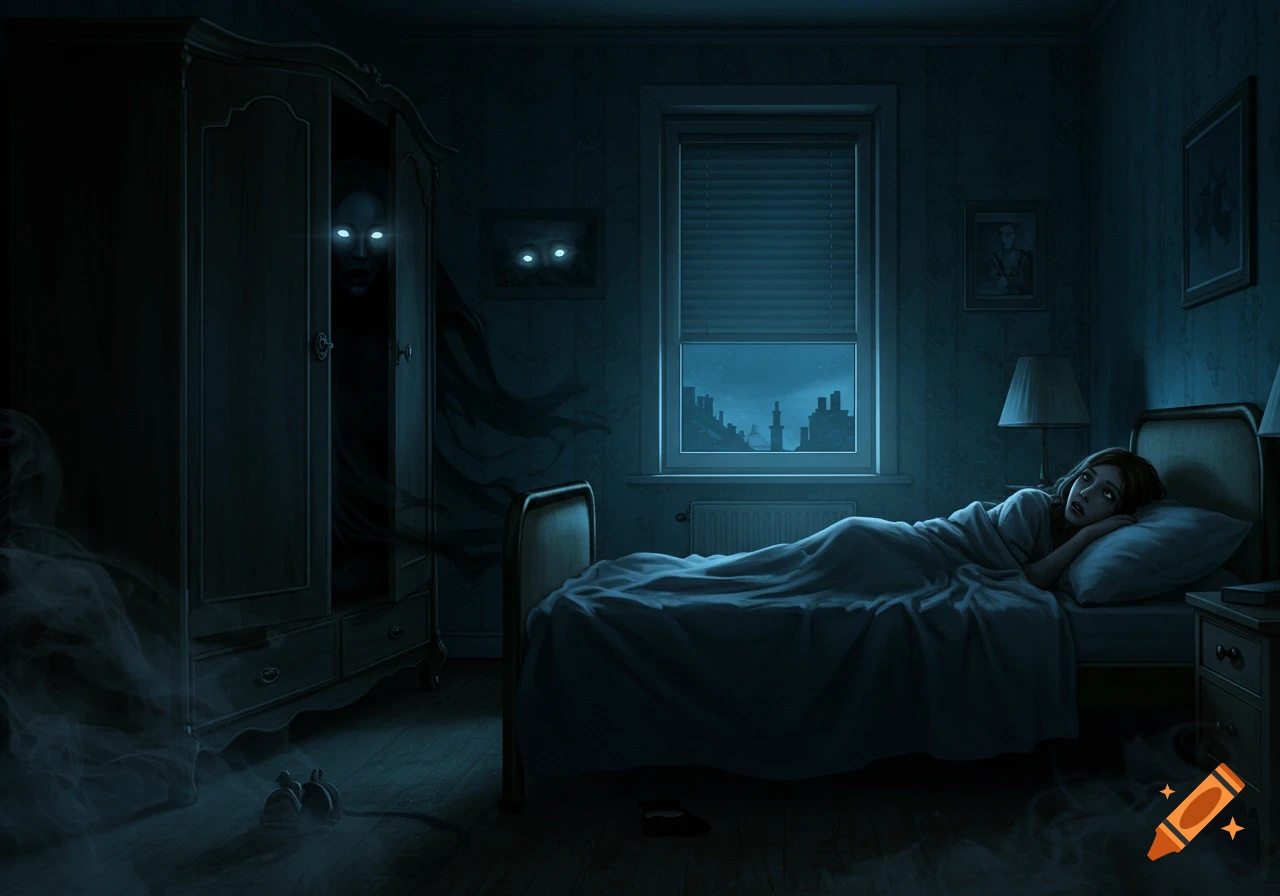 A terrified woman lies in a dark bedroom as a shadowy ghost with glowing eyes emerges from an open wardrobe.