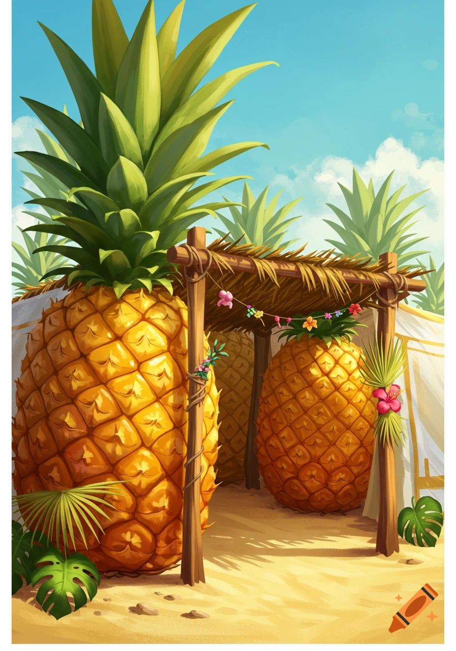 Vibrant digital illustration of giant pineapples surrounding a straw hut on a sandy beach under a blue sky.