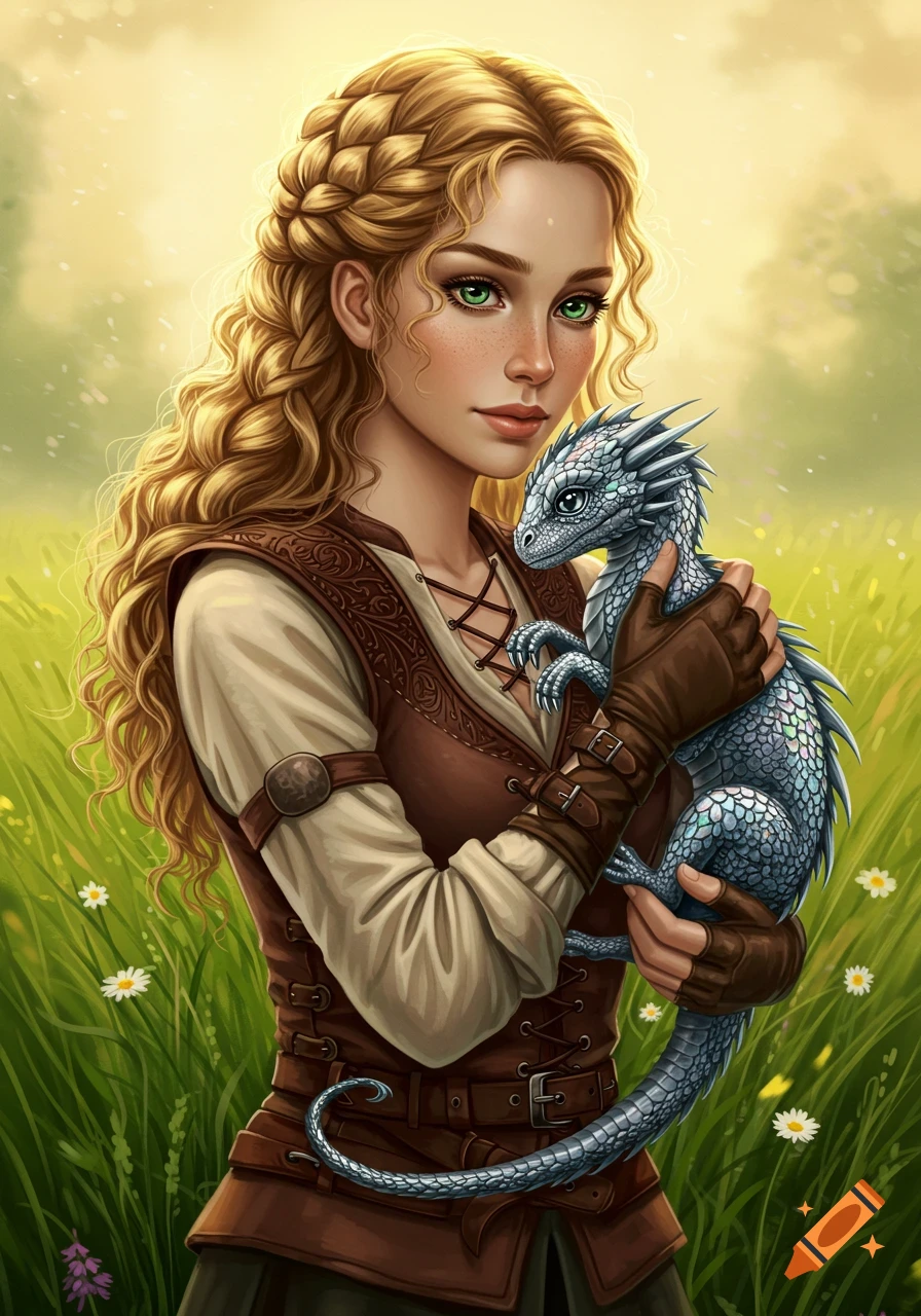 Young woman with curly blonde hair and green eyes holds a baby silver dragon in a sunlit meadow, digital art.