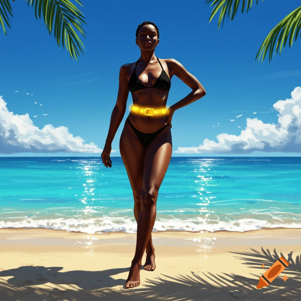 Illustrated woman in a black bikini and glowing belt, walking on a tropical beach by blue ocean under palm leaves.