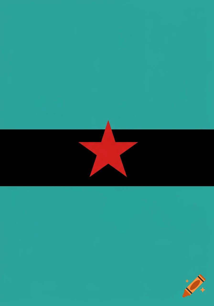 Minimalist flag with a teal background, a central black stripe, and a red five-pointed star.