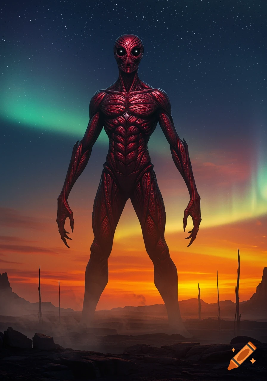 A tall, muscular red alien humanoid with glowing white eyes stands on a dark, misty alien landscape under a sky with aurora and a sunset.