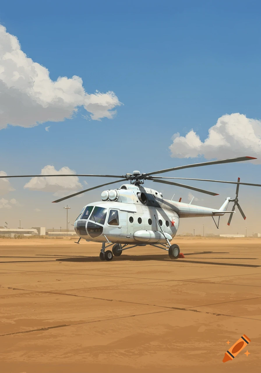 An illustrative white Mil Mi-8 helicopter with a red star emblem parked on a desert airfield under a blue sky with scattered clouds.