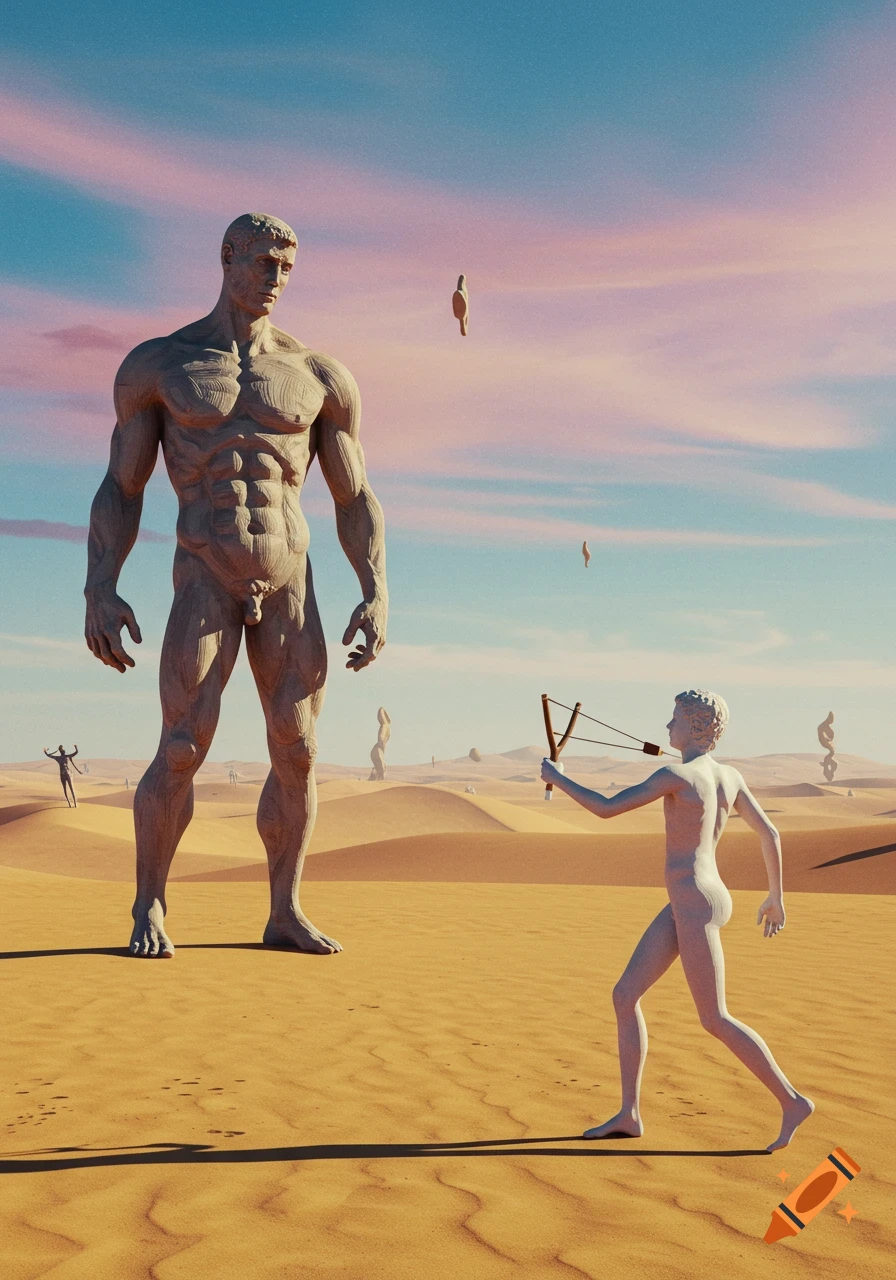 A small, nude, statue-like figure with a slingshot confronts a towering, nude, muscular figure in a surreal desert under a split pink and blue sky.