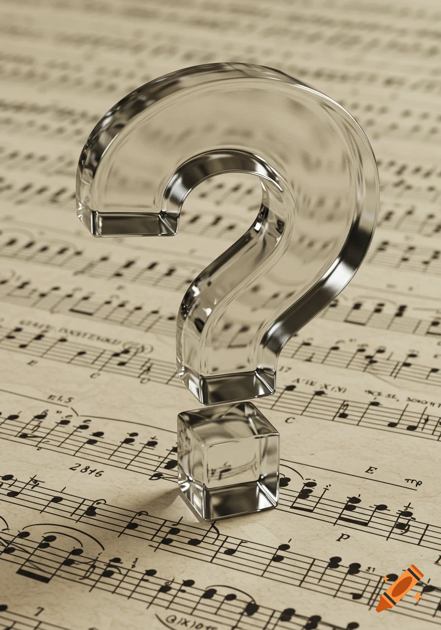 A shiny glass question mark stands on a sheet of old musical notation paper, photorealistic style.