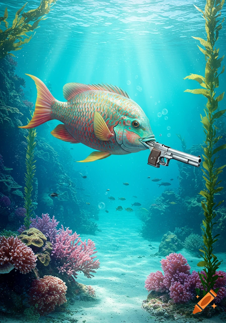 A colorful fish holds a silver pistol in its mouth while swimming through a vibrant coral reef underwater.