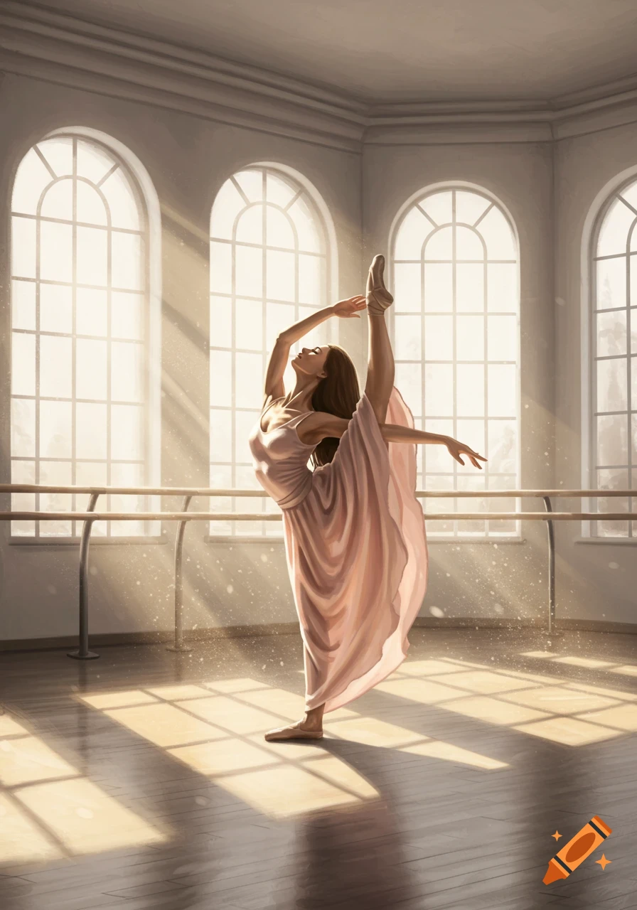 A female ballet dancer in a pink dress performs a grand cart in a sunlit studio with arched windows, digital art.