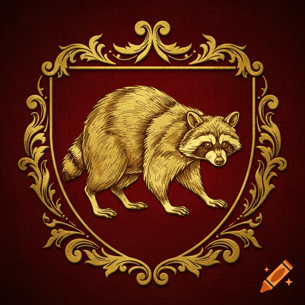 A gold etched raccoon depicted passant within an ornate gold heraldic shield on a deep red background.