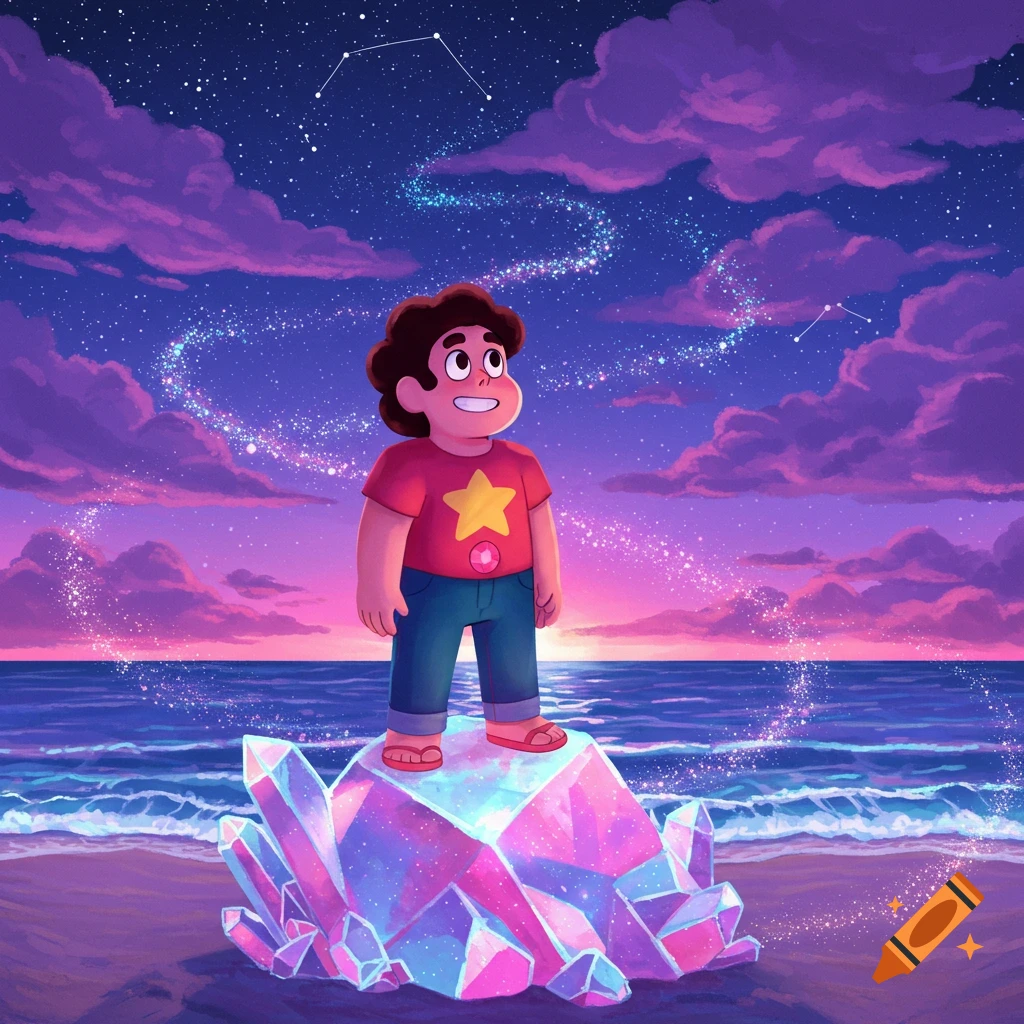 Cartoon Steven Universe stands on a glowing crystal on a beach under a magical purple-pink sky with sparkling stars.