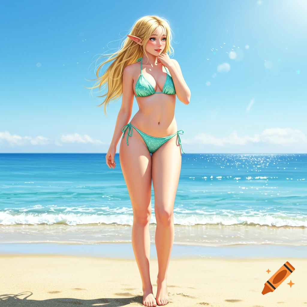 A young blonde elf woman in a light green polka-dot bikini stands on a sandy beach by the ocean. Illustrated.
