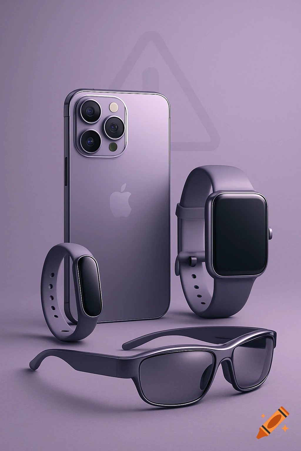 An iPhone, two smartwatches, and smart glasses arranged on a light purple surface with a faint warning symbol in the background.