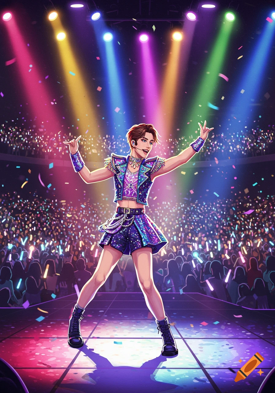 A vibrant anime-style illustration of a pop idol in a sparkly outfit performing on stage at a concert with confetti and colorful spotlights.